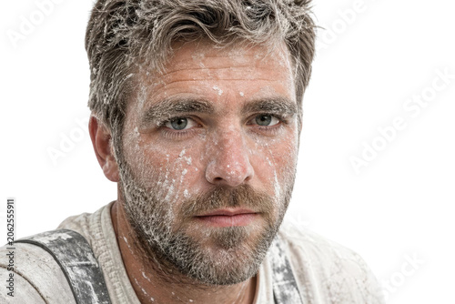 Portrait of a Tired Worker Covered in White Dust or Flour Isolated on White