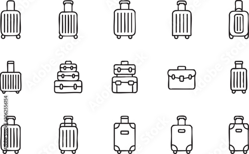 Minimal Vector Travel Icon Collection with Suitcase Carry On Roller Bag and Vacation Luggage Elements
