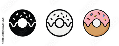 Fotografía Donut icons in different flavors and toppings on white background