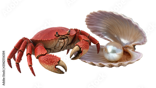 Obraz na plátne Red crab guarding a large pearl in an open oyster shell