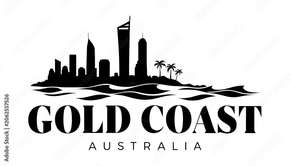 Fototapeta premium Vector illustration of Gold Coast skyline in black silhouette, with “GOLD COAST” text, on white background, modern city identity and tourism design