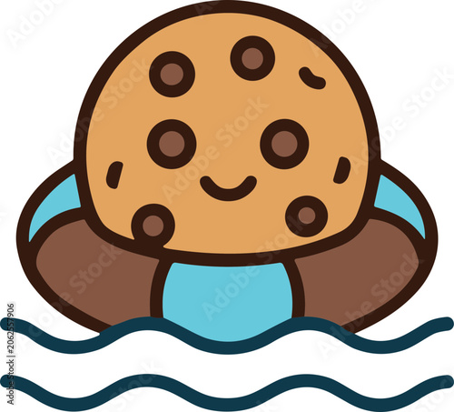 Foto Cute cookie character floating on a life preserver in water, cartoon style