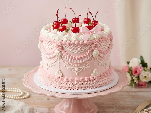 Pink Cake with White Frosting and Cherries on Table