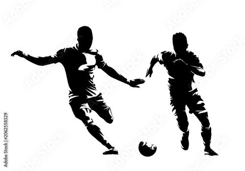 Two footballers playing soccer, one player kicking the ball while another is chasing him. Black silhouette vector illustration isolated on white background.