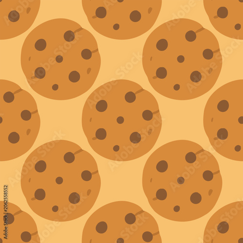 Chocolate chip cookies in a seamless pattern on warm beige background, perfect for bakery branding, textile print