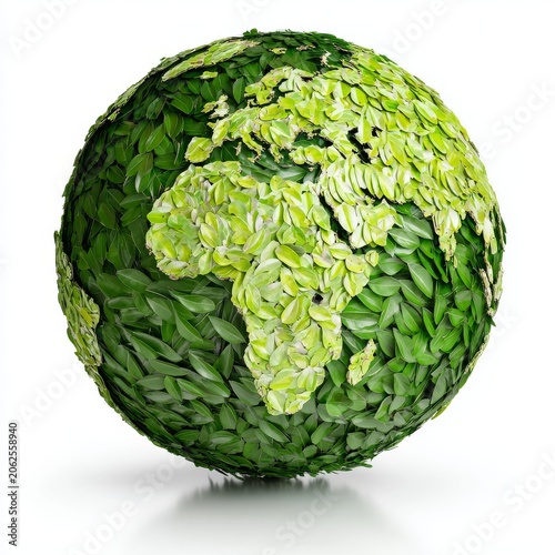 Earth globe sustainability green leaves wrap, isolated on pure white background