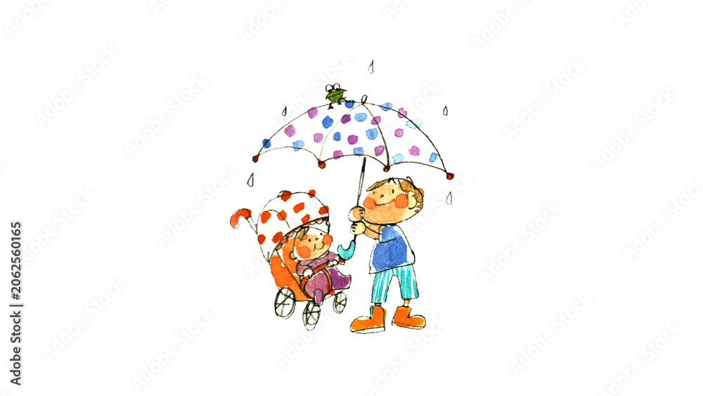 Naklejka premium 雨の日にベビーカーの赤ちゃんに傘を差し出す優しい男の子の手描き水彩イラスト Cute hand-drawn watercolor illustration of a boy holding an umbrella over a baby in a stroller