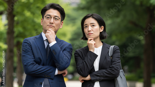 Thoughtful Professionals: Two business professionals, a man and a woman, stand outdoors in smart suits, pondering with their hands on their chins, conveying contemplation and serious decision-making.