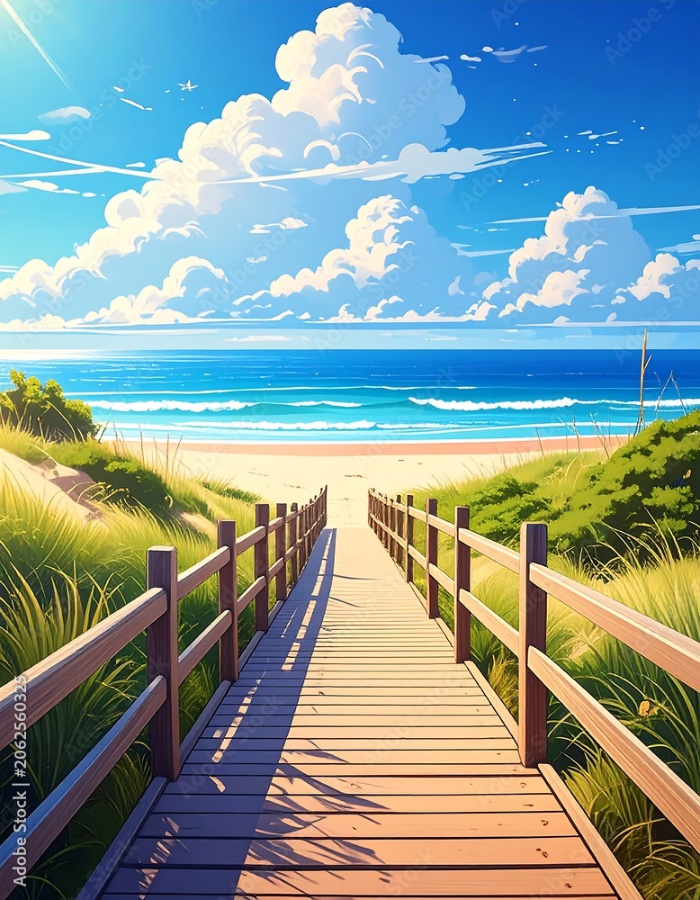 Fototapeta premium Wooden boardwalk leads to a sandy beach with turquoise water under fluffy white clouds in a bright, sunny sky