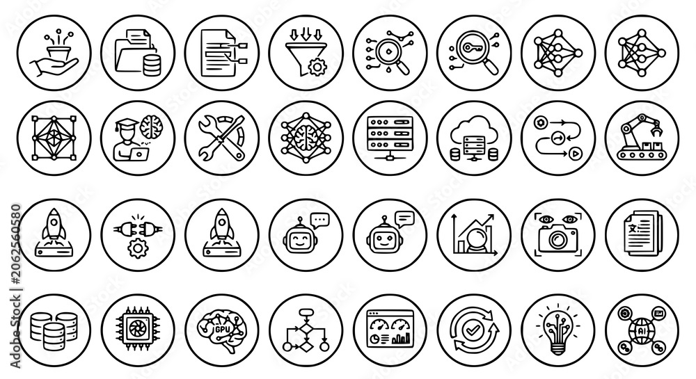 Fototapeta premium Machine Learning Workflow Outline Icon Collection with AI Training Data Pipeline and Model Deployment Elements