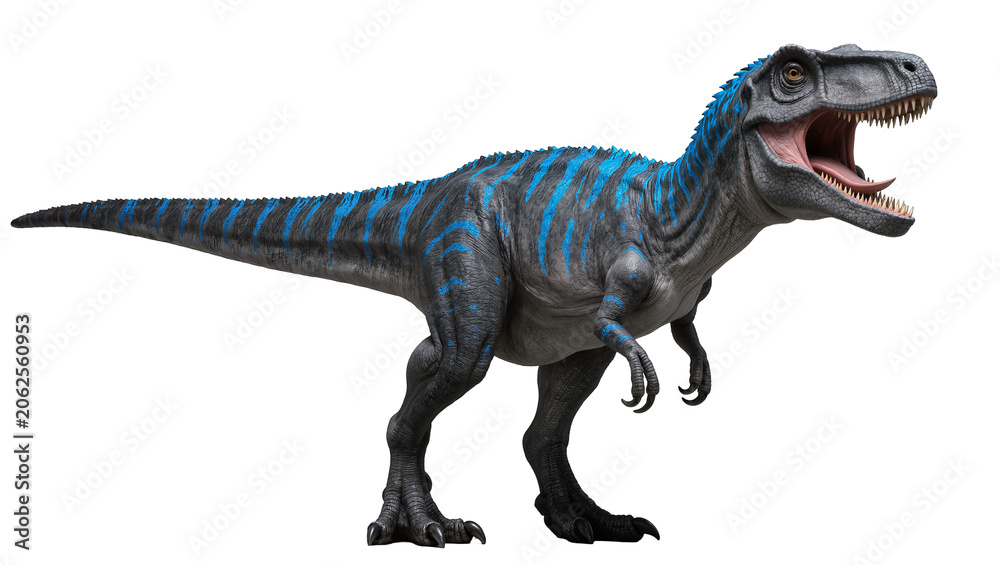 Fototapeta premium Gray dinosaur with blue stripes roaring