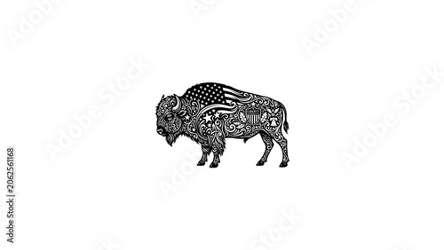 American bison silhouette with patriotic flag patterns, ornate buffalo vector illustration, wild animal mascot with stars and stripes design