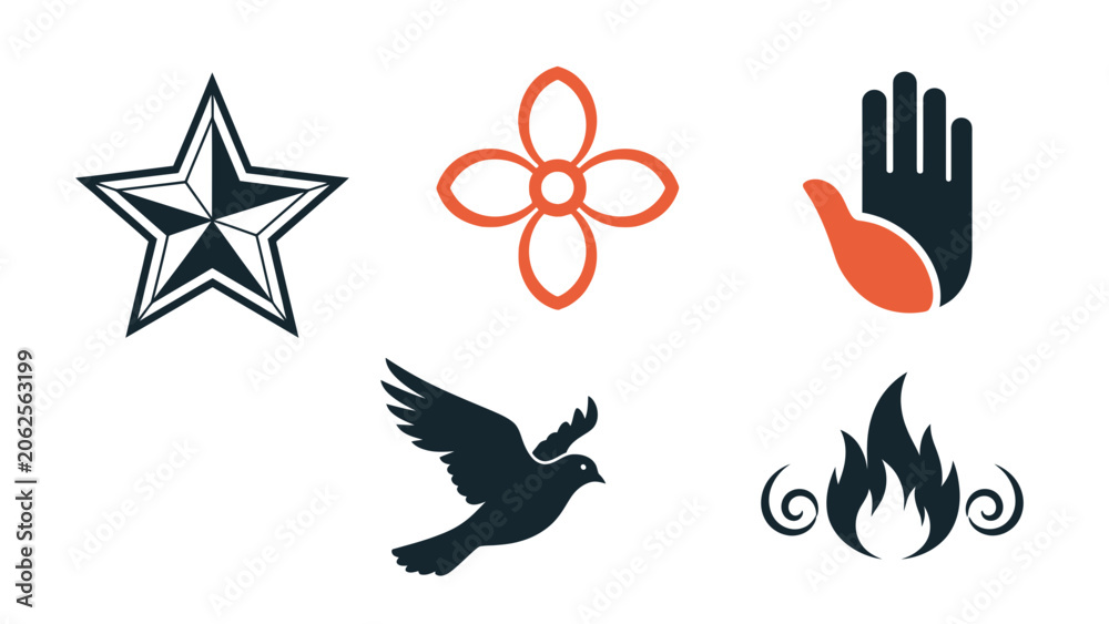 Fototapeta premium Set of 5 Diverse Vector Icons: Star, Flower, Hand, Dove, Fire