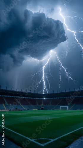 Dramatic lightning storm illuminates a football stadium at night, with dark clouds and bright bolts
