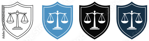 Shield and Justice Scale Icon Set Representing Legal Protection Balance Law Rights Compliance and Judicial Security Concepts Vector Designs