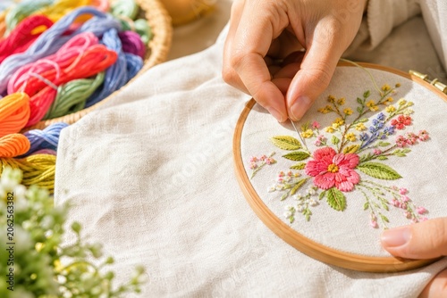 Vászonkép Female hands embroidering vibrant floral pattern on linen fabric in wooden hoop,