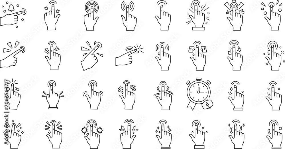 Obraz premium Touch Screen Hand Gestures Outline Icon Bundle with Tap, Click, Swipe, Drag, Hold Timer, Bell Notification, and Interface Navigation Symbols for Mobile App Design