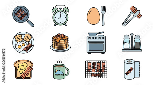 Fotografie Breakfast food items with cooking tools and clock
