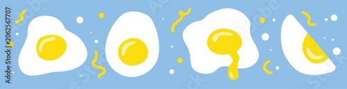 Foto Set, collection of vector cartoon style fried eggs in different shapes for breakfast, food and menu design