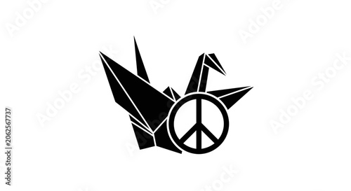 Fotografie Origami crane paired with a peace symbol creates a profound artistic representation of harmony, global stability, and the pursuit of tranquility in a complex world