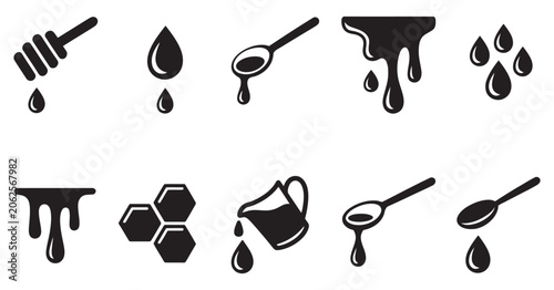 Cuadro en lienzo Honey dripping icon set, black vector dipper spoon honeycomb drops liquid flow f