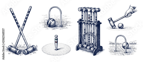 Fotografie Vintage croquet set illustration elements featuring wooden mallets, balls, wicket hoops, peg, and storage rack in classic hand-drawn engraving style for retro garden lawn sports design projects