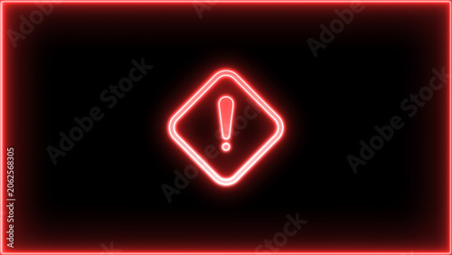 Glowing Neon Warning Frame On Black Background. Abstract Red Alert Border with Exclamation Symbol for Technology Design