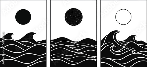 Black and White Abstract Sea Wave and Sun Poster Set