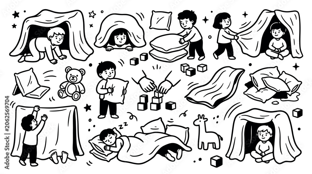 Fototapeta premium Adorable children building blanket forts and playing with pillows, creating a cozy and imaginative indoor adventure