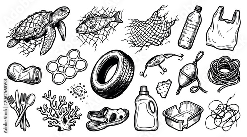 Various hand-drawn ocean pollution elements, including a turtle trapped in a net, plastic bottles, and discarded fishing gear, on a clean white background
