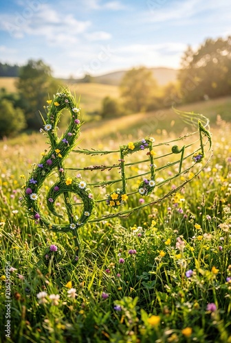 Nature music concept with green treble clef and floral notes
