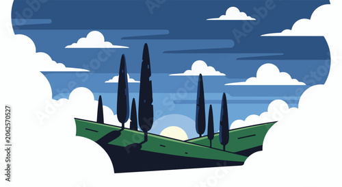 Stylized Italian landscape with cypress trees and rolling hills at dusk