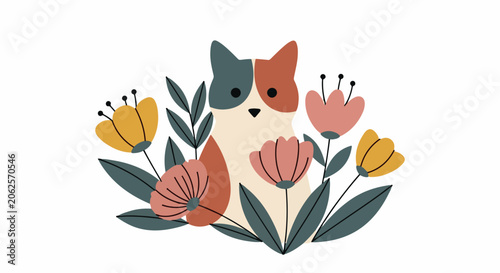 Whimsical cat art with stylized flowers and green foliage