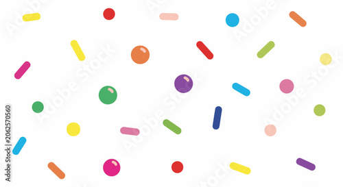 Whimsical scattering of colorful sprinkles and dots on a white background