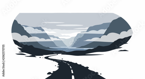 Winding road leads through misty mountains to a serene lake