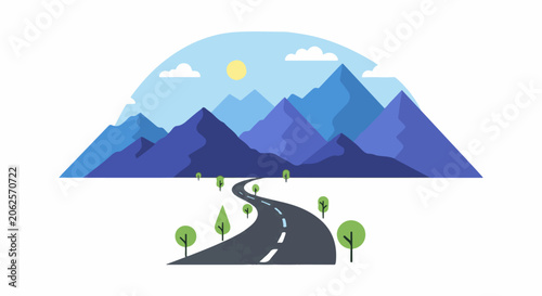 Winding asphalt road leads through a minimalist mountain landscape