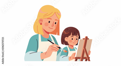 Woman and child painting together