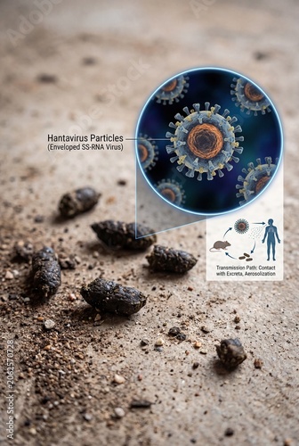 Hantavirus transmission concept with rodent droppings and virus particles