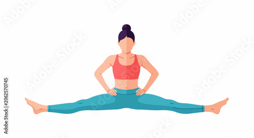 Woman doing a wide leg stretch in athletic wear, isolated on white
