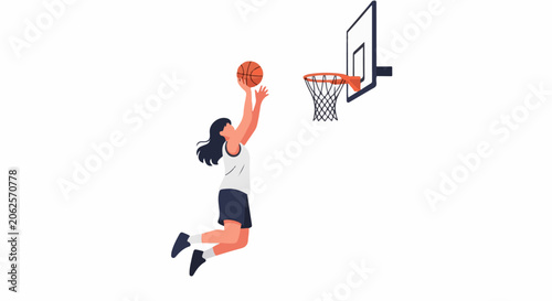 Woman in athletic wear leaping to shoot a basketball into a hoop