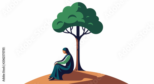Woman in dark blue dress and headscarf sits under green tree