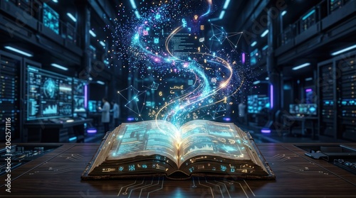 Magical Book Unleashing Cosmic Energy in Futuristic Data Center.