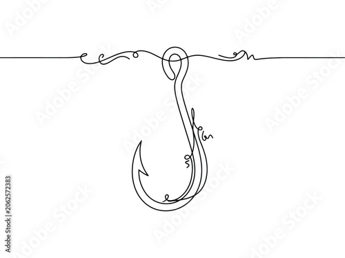 single line drawing of a fishing hook underwater symbolizing temptation or opportunity with decorative swirls