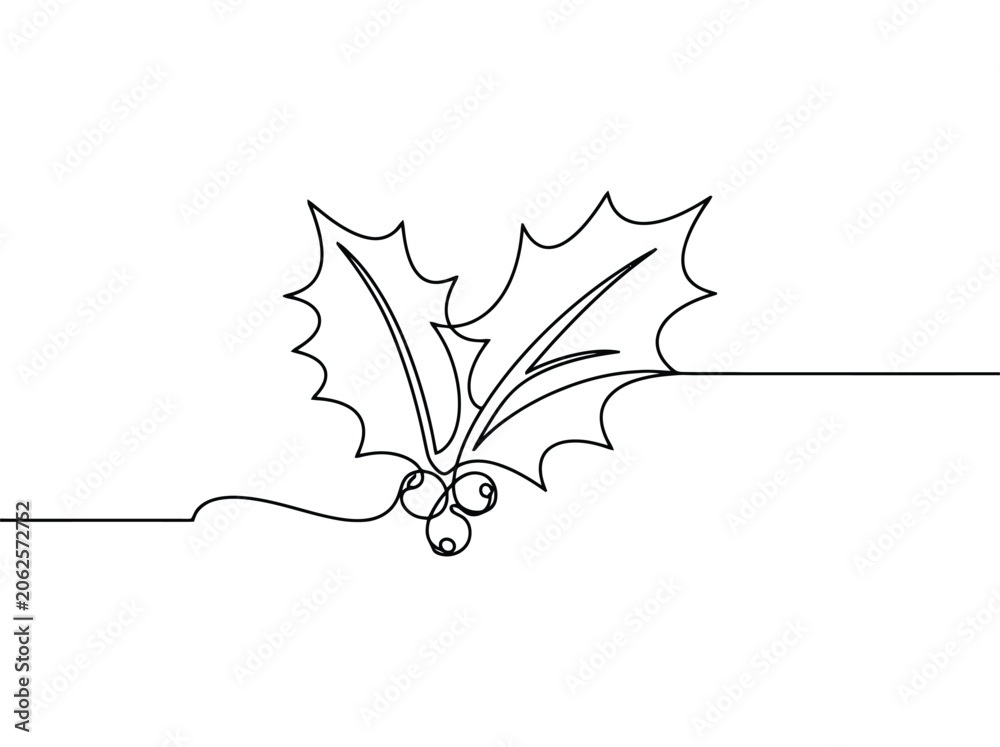 Fototapeta premium Single line drawing of holly leaves and berries symbolizing winter and christmas cheer