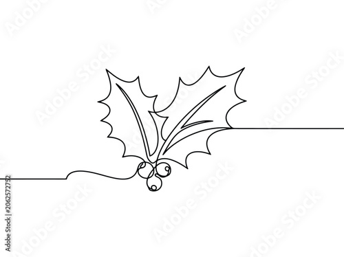 Single line drawing of holly leaves and berries symbolizing winter and christmas cheer
