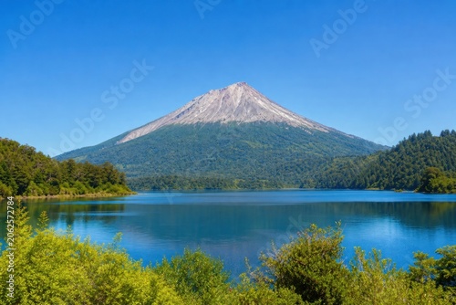 Fotografía Volcano rising above calm blue lake surrounded by lush green forest under clear