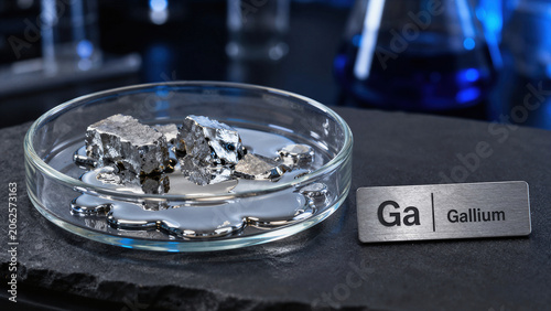 Gallium metal in a glass dish on a black surface with a label showing the chemical symbol and name of gallium