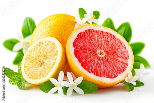 Fresh grapefruit and lemon with leaves isolated on white background