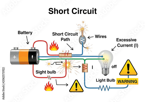 Educational diagram illustrating the concept of a short circuit in an electrical system