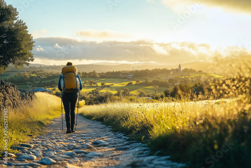 Hiker walking Camino de Santiago trail